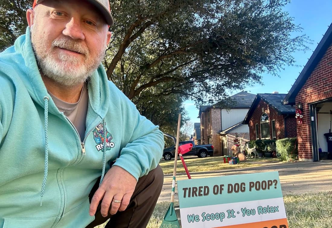 Rhino Scoop dog waste removal service at a residential property in Rhome, Texas