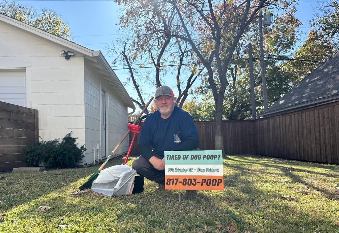 Paul on an open lawn with a dog in Blue Mound, Texas
